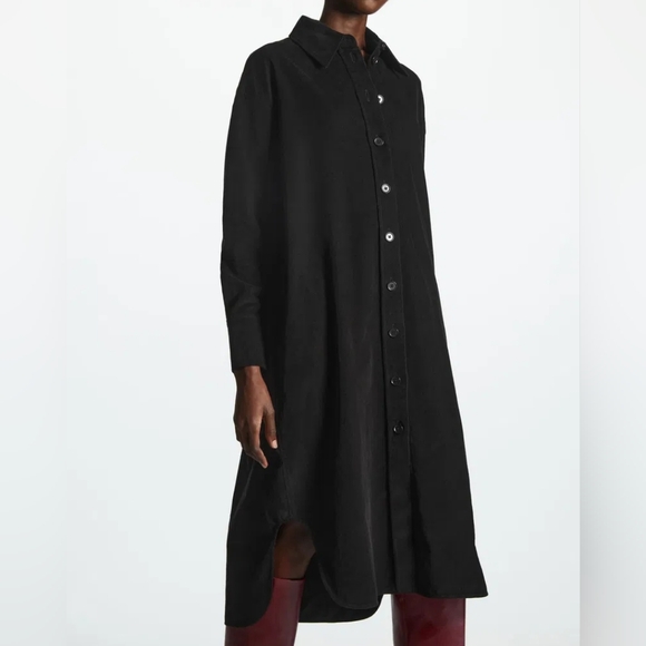 COS Corduroy Midi Shirt Dress Size 8 Black Pockets Oversized - Picture 1 of 16